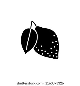 Black & white vector illustration of lemon fruit. Flat icon of fresh citrus with leaf. Vegan & vegetarian food. Health eating ingredient. Isolated object on white background. Front view.