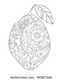 black and white vector illustration of a lemon. Page coloring for adults,