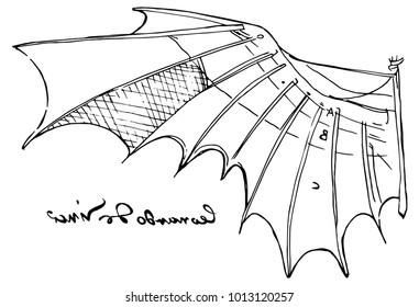 Black And White Vector Illustration Of Leonardo Da Vinci Wing Sketch From The Flight Code With His Famous Left-handed Signature