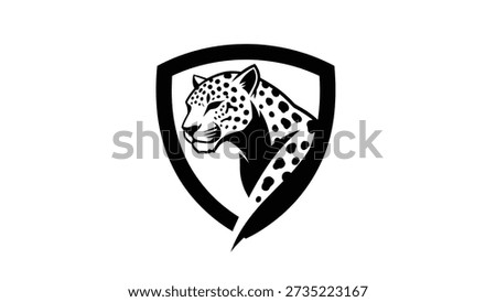A black and white vector illustration of a leopard head inside a shield outline. The leopard is depicted in profile, facing left, with spots. The artwork is suitable for print and digital use.