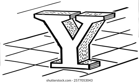  A black and white vector illustration of the letter Y in bold 3D style, featuring geometric patterns and dynamic perspective lines. Perfect for typography, monograms, and design projects.