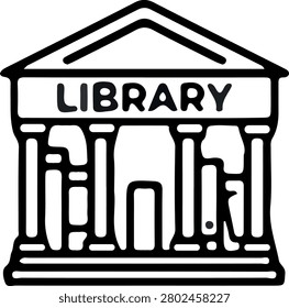 Black and white vector illustration of a library building with columns and a triangular roof design