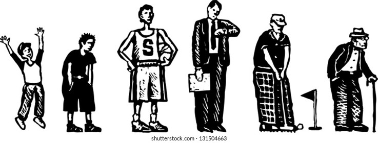Black   white vector illustration life stages from little boy to senior man