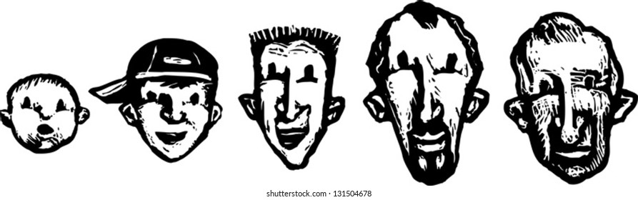 Black   white vector illustration life stages from little boy to senior man
