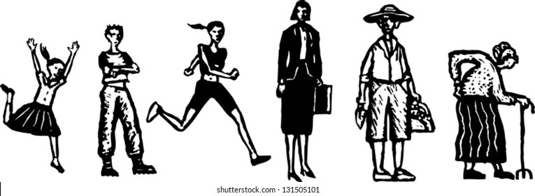 Black   white vector illustration life stages from little girl to senior woman