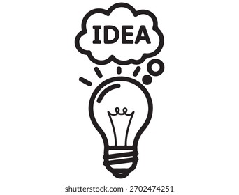 Una Ilustración vectorial en blanco y negro de una bombilla con una nube de ideas, que simboliza el pensamiento creativo, la innovación y la lluvia de ideas para proyectos