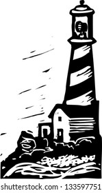 Black and white vector illustration of a lighthouse