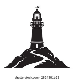 Black and white vector illustration of a lighthouse on a rocky outcrop, symbolizing guidance, safety, and coastal navigation. Ideal for maritime themes, travel, and historical designs.