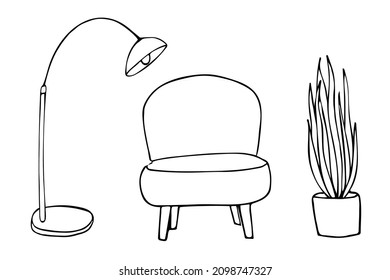 Schwarz-Weiß-Vektorgrafik im Kunststil, Möbel, Interieur, Lampe, Sessel und Pflanze.