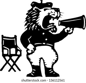 Black and white vector illustration of a lion as film director