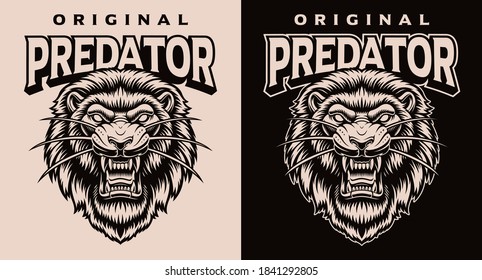 A black and white vector illustration of a lion head. This design can be used as a shirt print or as a logotype.