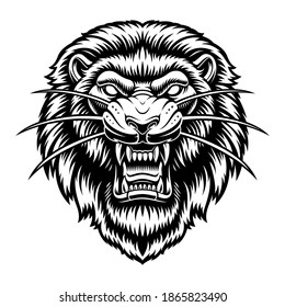 Ilustración vectorial en blanco y negro de una cabeza de león, aislada sobre fondo blanco.