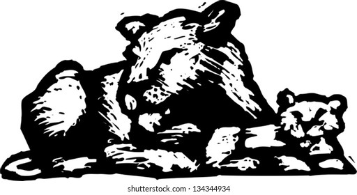 Black and white vector illustration of lioness with cubs