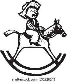 Black and white vector illustration of little boy riding rocking horse and crying