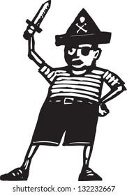 Black and white vector illustration of little boy dressed as pirate