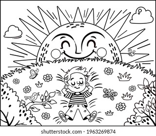 Black and white vector illustration. Little boy enjoying the Sun. Painting activity. Isolated on white. 