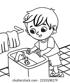 Black And White Vector Illustration Of A Little Boy Washing His Hands In The Bathroom.