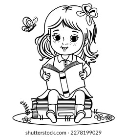 Black and white vector illustration of a little girl sitting on pile of books reading a book.