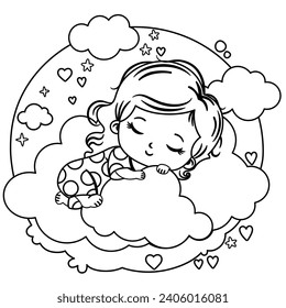 Black and white vector illustration of a little girl sleeping on the clouds.