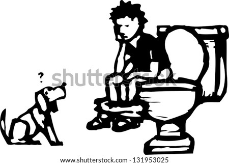 Black and white vector illustration of little boy sitting on the toilet