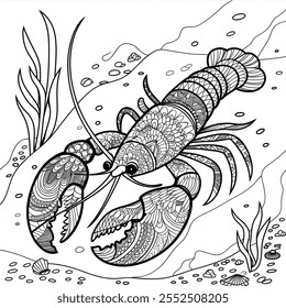 A black and white vector illustration of a lobster in Zentangle style mandala design 