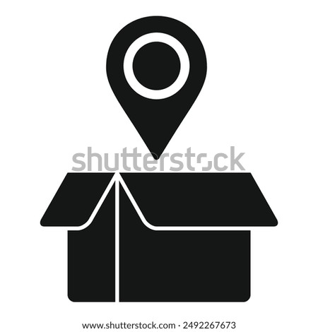 Black and white vector illustration of a location pin symbol above a cardboard box