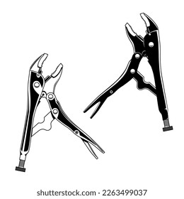 Black and white vector illustration of locking pliers on a white background. Mechanical tool collections.