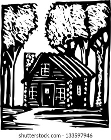 Black and white vector illustration of log cabin
