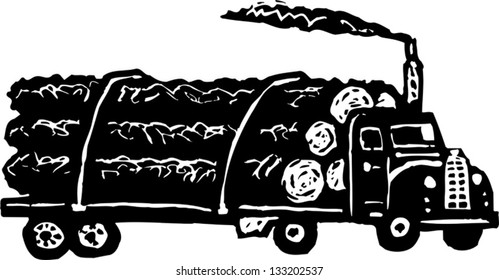 Black and white vector illustration of logging truck
