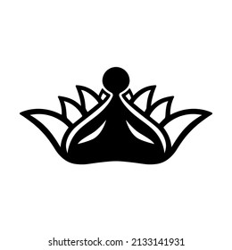 Black and white vector illustration of the logo of a yogi in the lotus position on a background of lotus petals