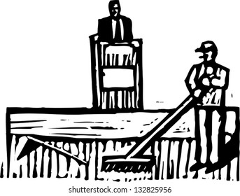 Black and white vector illustration of lonely politician on stage