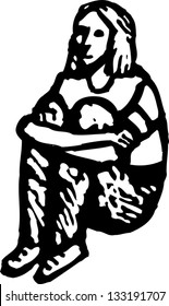 Black and white vector illustration of lonely woman sitting on the floor