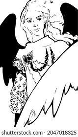 Ilustración vectorial en blanco y negro con un ángel de pelo largo con grandes alas