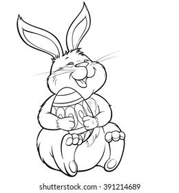 Black and white vector illustration with lovely laughing  bunny holding painted easter egg