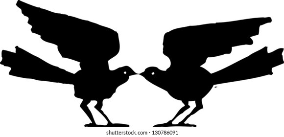 Black and white vector illustration of lovers birds
