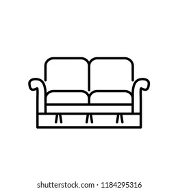Black & white vector illustration of loveseat. Double sofa. Line icon of settee. Element of modern home & office furniture. Isolated object on white background