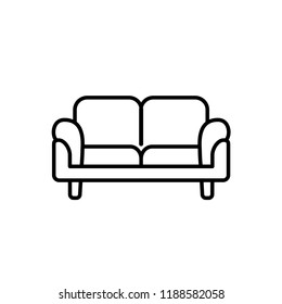 Black & white vector illustration of loveseat. Double sofa. Line icon of settee. Modern home & office furniture. Isolated object on white background