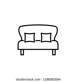 Black & white vector illustration of loveseat with 2 pillows. Double sofa. Line icon of settee. Modern home & office furniture. Isolated object on white background