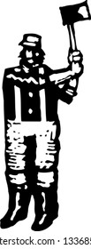 Black and white vector illustration of lumberjack swinging ax
