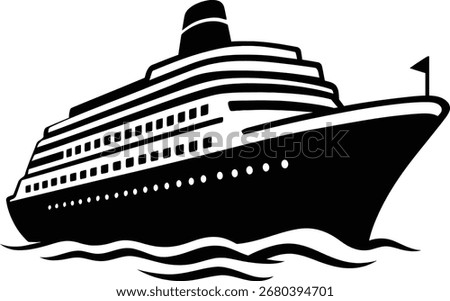 Black and white vector illustration of a luxury cruise ship sailing on waves, symbolizing travel, vacation, adventure, and maritime journey.