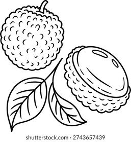 Black and White Vector Illustration of Lychee Fruit with Leaves Featuring One Whole and One Peeled Lychee