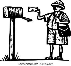 Black and white vector illustration of a mailman delivering a letter