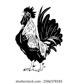 Black and white vector illustration of a majestic rooster. Perfect for tattoos, prints, farm-themed designs, nature lovers, and decorative art.