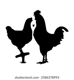 Black and white vector illustration of a majestic rooster and a hen. Perfect for tattoos, prints, farm-themed designs, nature lovers, and decorative art.