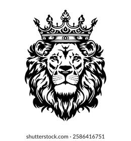 Black and white vector illustration of a majestic lion head wearing a royal crown. Perfect for tattoos, prints, logos, emblems, and noble, powerful, and regal-themed designs.