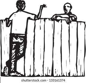 Black and white vector illustration of male neighbors talking over fence