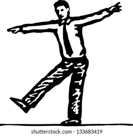 Black and white vector illustration of male business executive walking tightrope