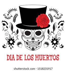 A black and white vector illustration of a male skull related to the Mexican Day of the Dead