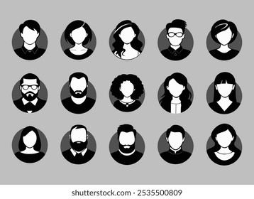 Black and white vector illustration of male and female silhouettes, avatars, or anonymous profiles