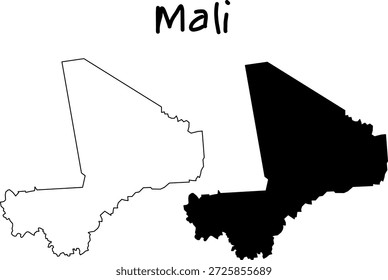 Ilustração vetorial em preto e branco do mapa do Mali, mostrando silhuetas sólidas e delineadas do país com um design geográfico minimalista e limpo.